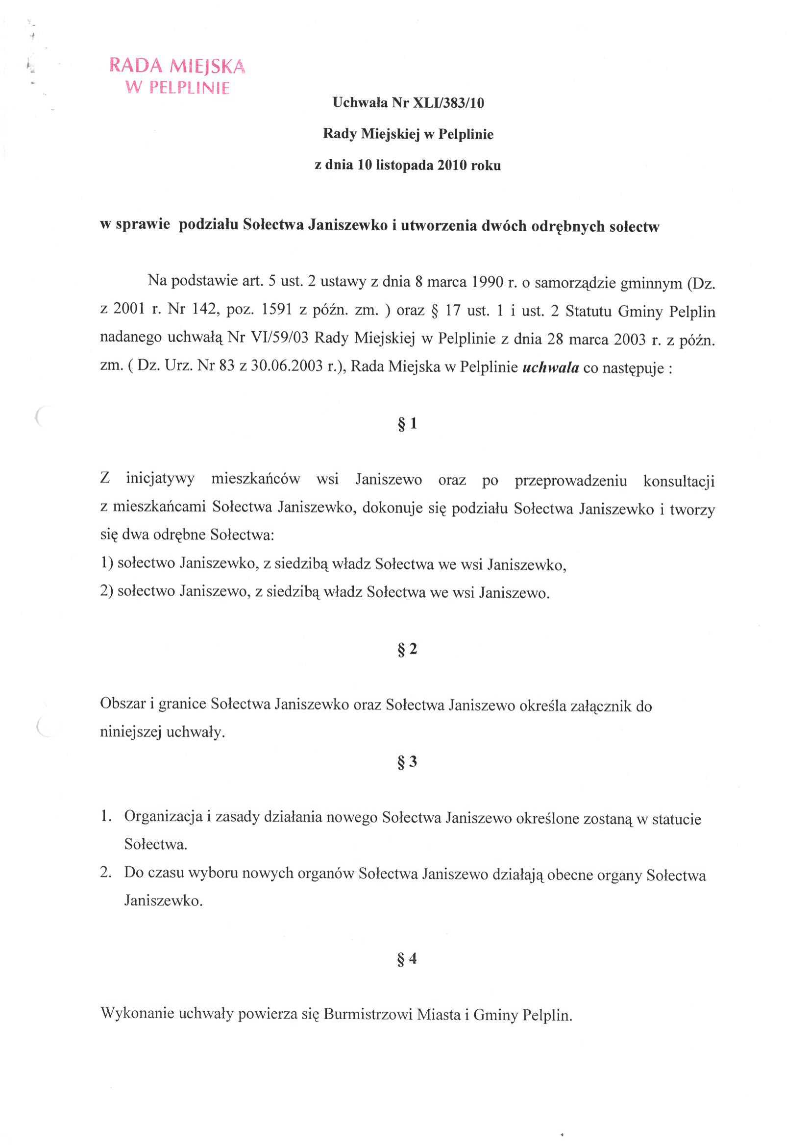 Uchwała Nr XLI/383/10 z dnia 10 listopada 2010